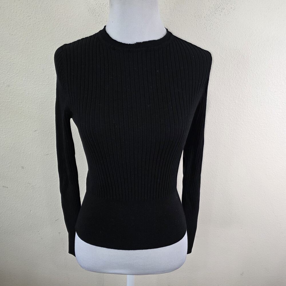 Zara Ribbed Knit Crew Neck Sweater Womens Size Medium Black Long Sleeve